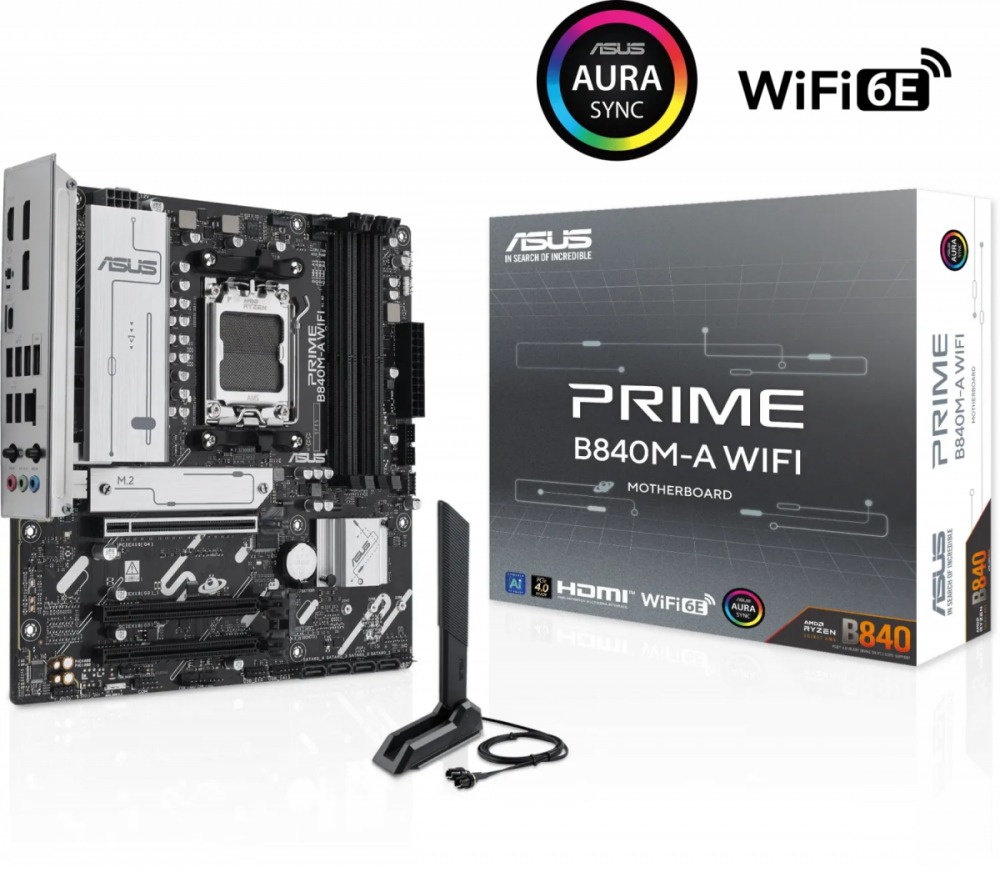 ASUS PRIME B840M-A WIFI, DDR5, SATA3, USB3.2Gen2, DP, 2.5GbE, WiFi 6E, AM5 mATX