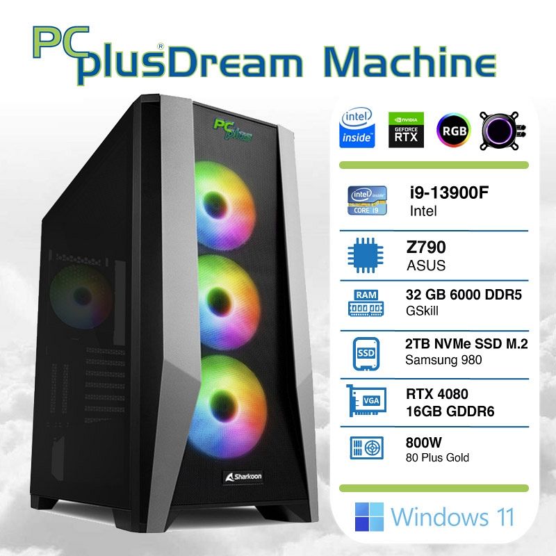 PCPLUS Dream Machine i9-13900F 32GB 2TB NVMe SSD GeForce RTX 4080 16GB Windows 11 Home vodno hlajenje gaming namizni računalnik