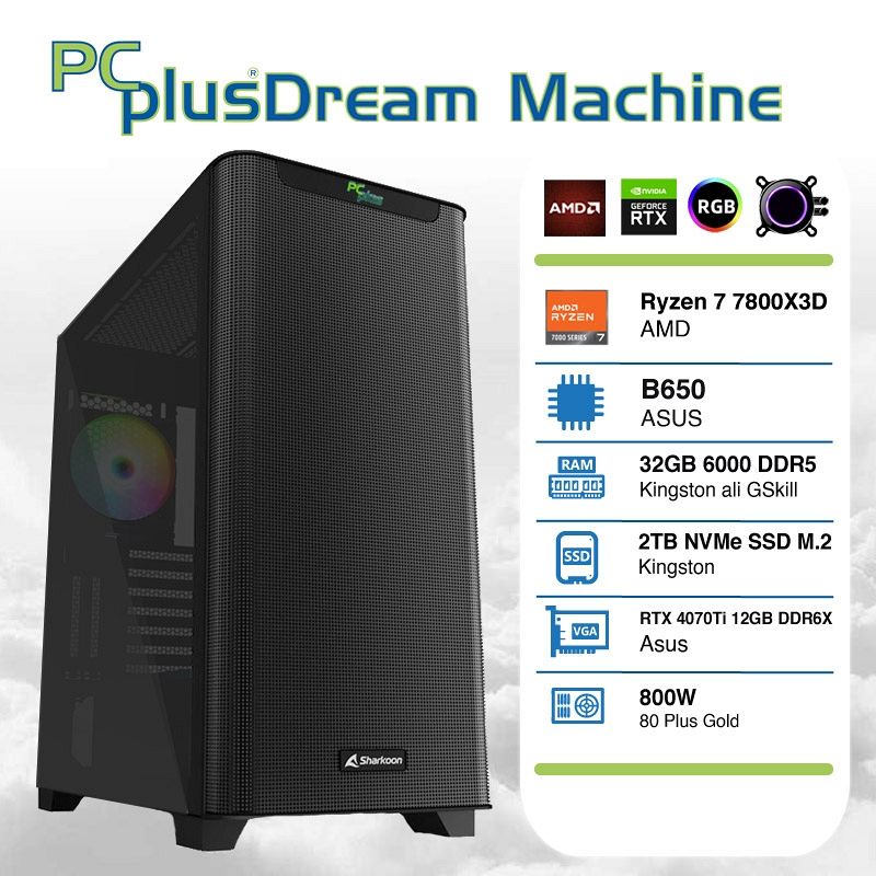 PCPLUS Dream Machine Ryzen 7 7800X3D 32GB 2TB NVMe SSD GeForce RTX 4070Ti 12GB vodno hlajenje gaming namizni računalnik