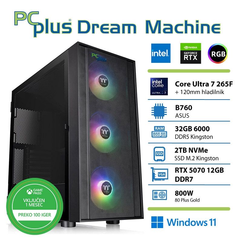 PCPLUS Dream Machine Ultra 7 265F 32GB 2TB SSD RTX 5070 12GB Windows 11 Home + Xbox GP gaming namizni računalnik