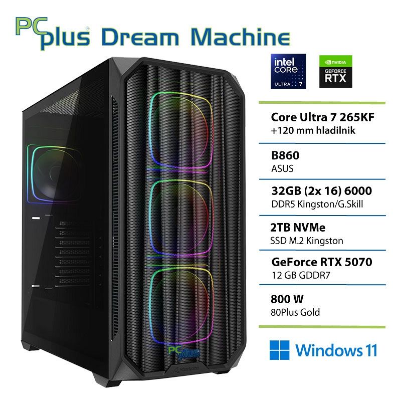 PCPLUS Dream Machine Ultra 7 265KF 32GB 2TB SSD RTX 5070 12GB Windows 11 Home gaming namizni računalnik