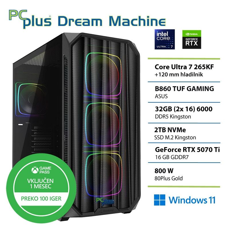 PCPLUS Dream Machine Ultra 7 265K 32GB 2TB SSD RTX 5070Ti 16GB Windows 11 Home + Xbox GP gaming namizni računalnik