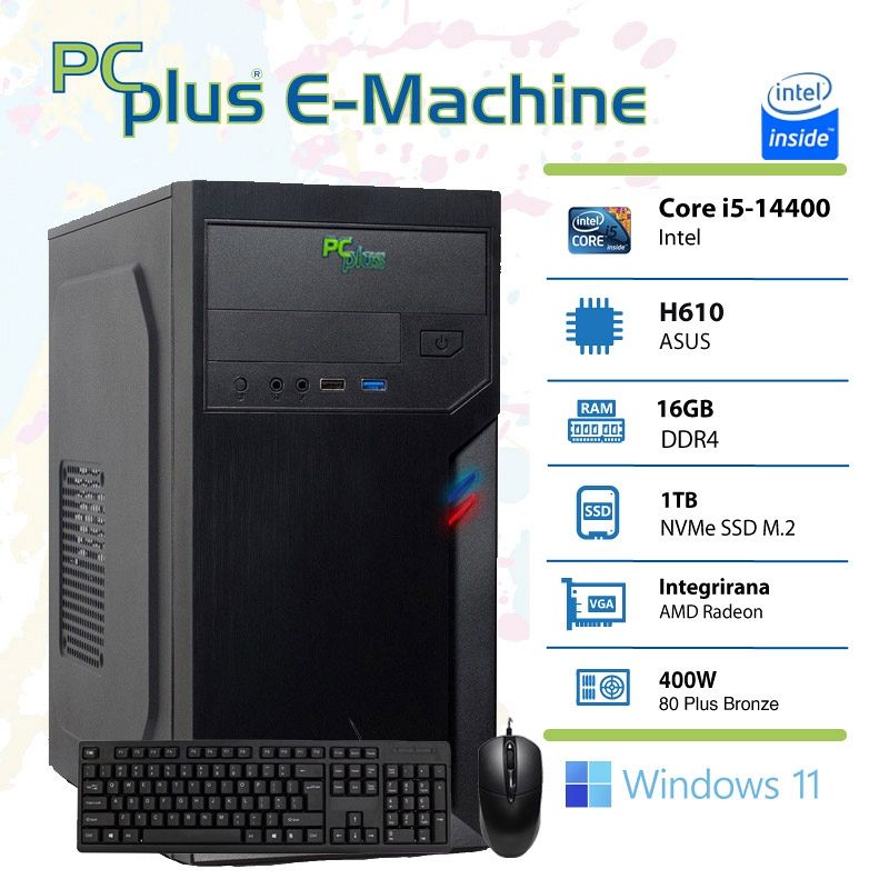PCPLUS E-machine i5-14400 16GB 1TB NVMe SSD Windows 11 Home tipkovnica miška namizni računalnik
