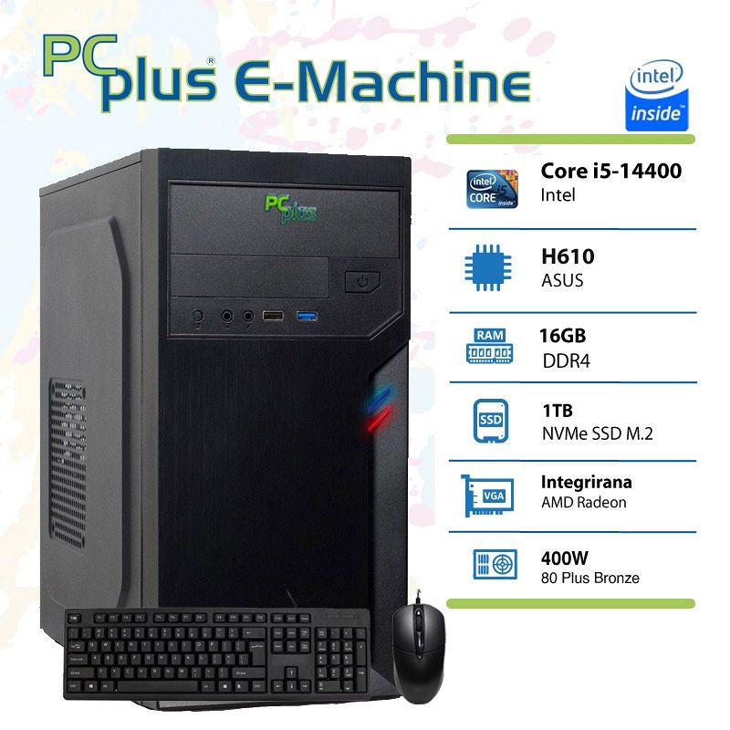 PCPLUS E-machine i5-14400 16GB 1TB NVMe SSD tipkovnica miška namizni računalnik