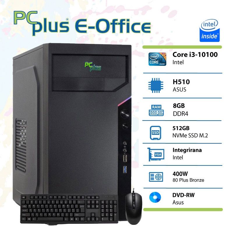 PCPLUS e-Office i3-10100 8GB 512GB NVMe SSD tipkovnica miška namizni računalnik