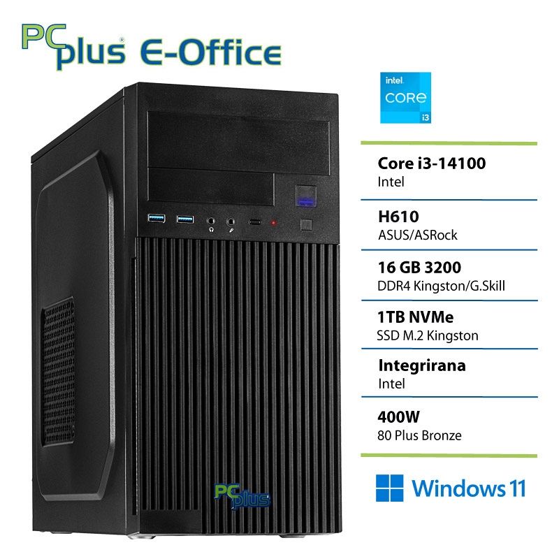 PCplus e-Office i3-14100 16GB 1TB Windows 11 Home namizni računalnik