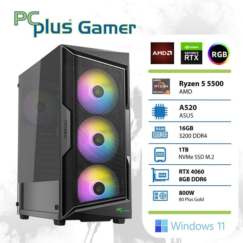 PCplus Gamer Ryzen 5 5500 16GB 1TB NVMe SSD GeForce RTX 4060 8GB Windows 11 Home gaming namizni računalnik