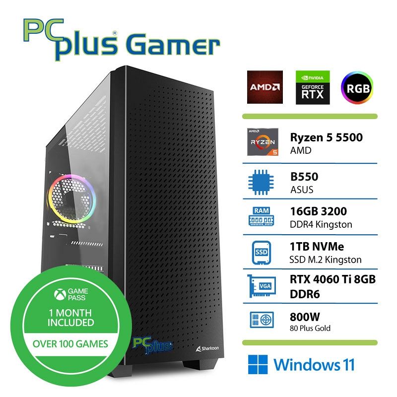 PCPLUS Gamer Ryzen 5 5500 16GB 1TB SSD RTX 4060 Ti 8GB Windows 11 Home + Xbox GP gaming namizni računalnik