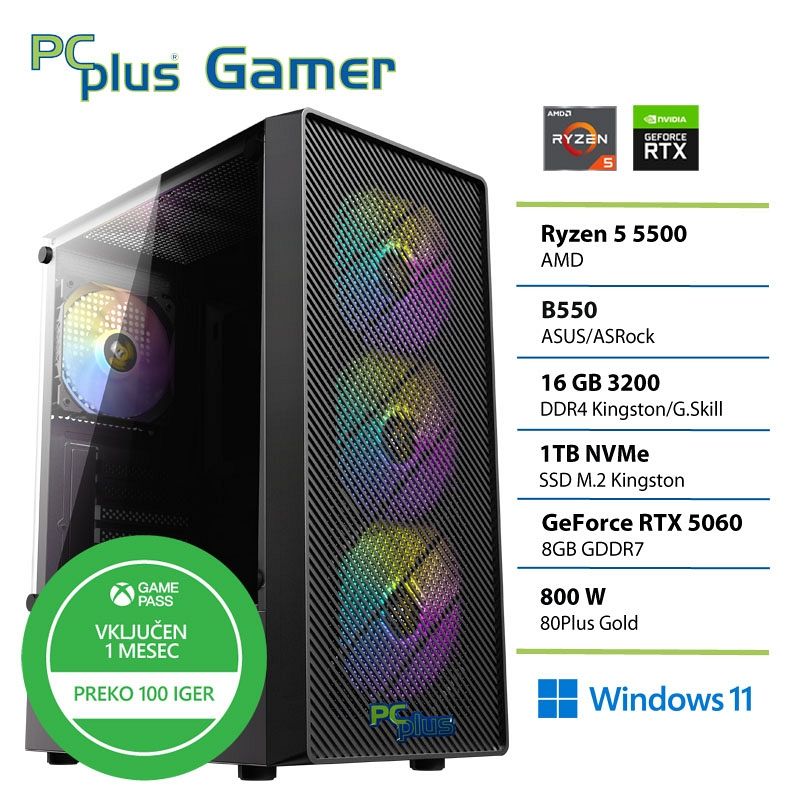 PCPLUS Gamer Ryzen 5 5500 16GB 1TB GeForce RTX 5060 8GB Windows 11 Home + Xbox GP gaming namizni računalnik