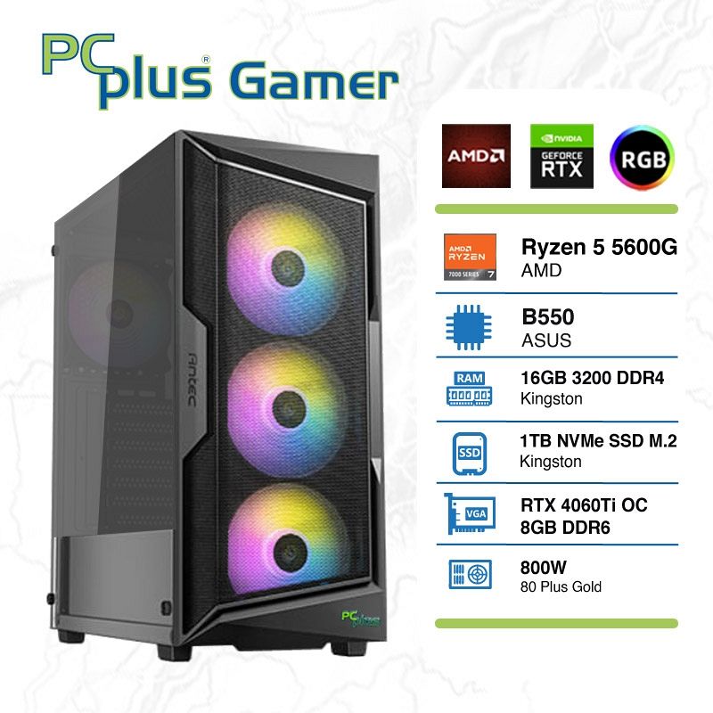 PCPLUS Gamer Ryzen 5 5600G 16GB 1TB NVMe SSD GeForce RTX 4060 Ti 8GB RGB gaming namizni računalnik