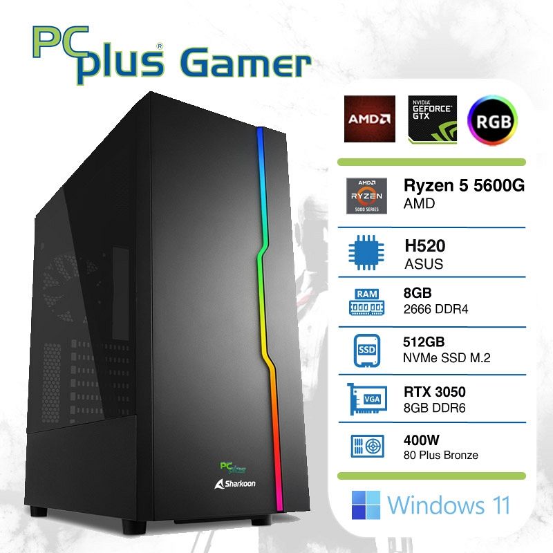 PCPLUS Gamer Ryzen 5 5600G 8GB 512GB NVMe SSD GeForce RTX 3050 8GB Windows 11 Home RGB gaming namizni računalnik