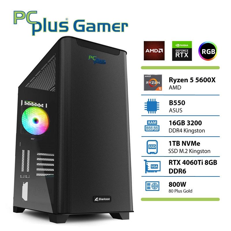 PCPLUS Gamer Ryzen 5 5600X 16GB 1TB NVMe SSD RTX 4060Ti 8GB gaming namizni računalnik