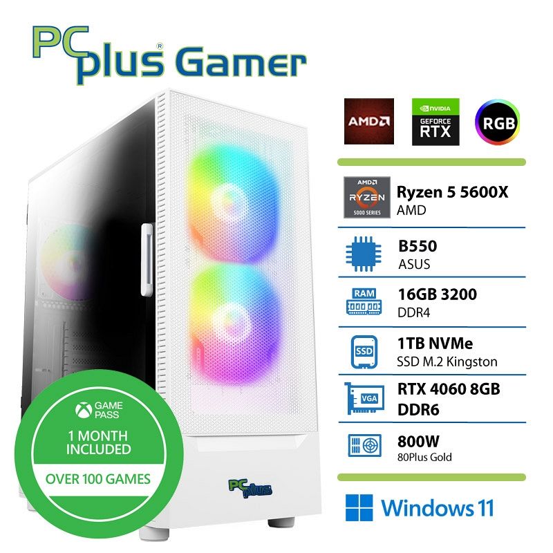 PCPLUS Gamer Ryzen 5 5600X 16GB 1TB SSD RTX 4060 8GB Windows 11 Home + Xbox GP bel gaming namizni računalnik