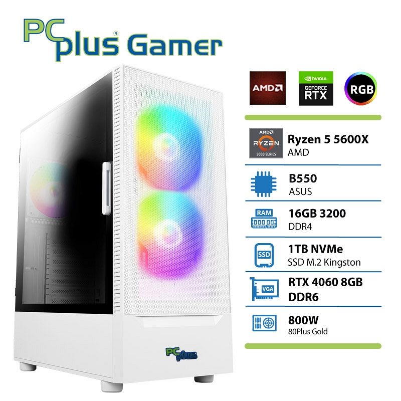 PCPLUS Gamer Ryzen 5 5600X 16GB 1TB RTX 4060 8GB bel gaming namizni računalnik