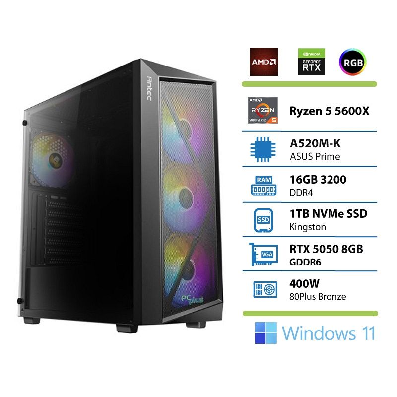 PCPLUS Gamer Ryzen 5 5600X 16GB 1TB RTX 5050 OC 8GB Windows 11 Home gaming namizni računalnik