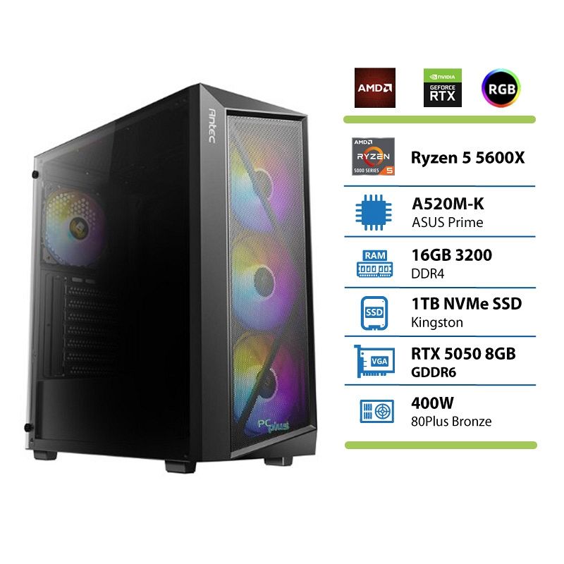 PCPLUS Gamer Ryzen 5 5600X 16GB 1TB RTX 5050 OC 8GB gaming namizni računalnik