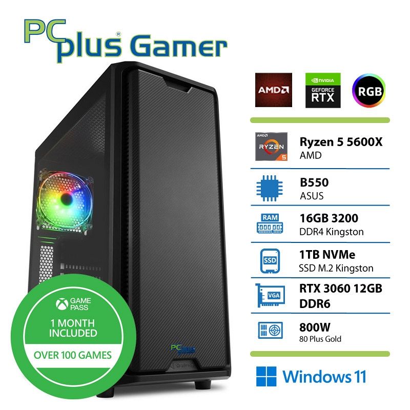 PCPLUS Gamer Ryzen 5 5600X 16GB 1TB SSD  RTX 3060 12GB Windows 11 Home + Xbox GP gaming namizni računalnik