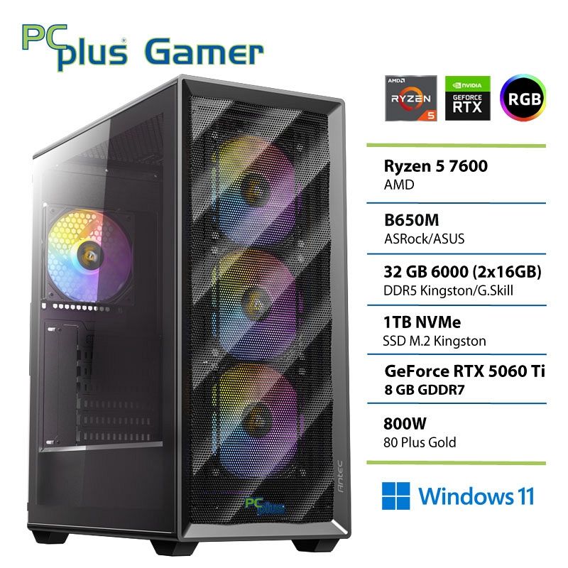 PCPLUS Gamer Ryzen 5 7600 32GB 1TB SSD RTX 5060Ti 8GB Windows 11 Home gaming namizni računalnik