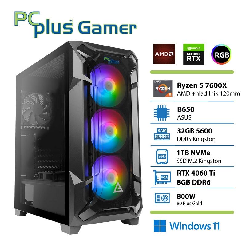 PCPLUS Gamer Ryzen 5 7600X 32GB 1TB SSD RTX 4060Ti 8GB Windows 11 Home + Xbox GP gaming namizni računalnik