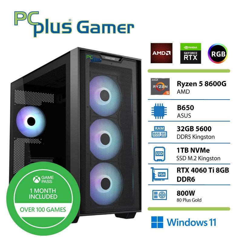 PCPLUS Gamer Ryzen 5 8600G 32GB 1TB SSD RTX 4060 Ti 8GB Windows 11 Home + Xbox GP gaming namizni računalnik