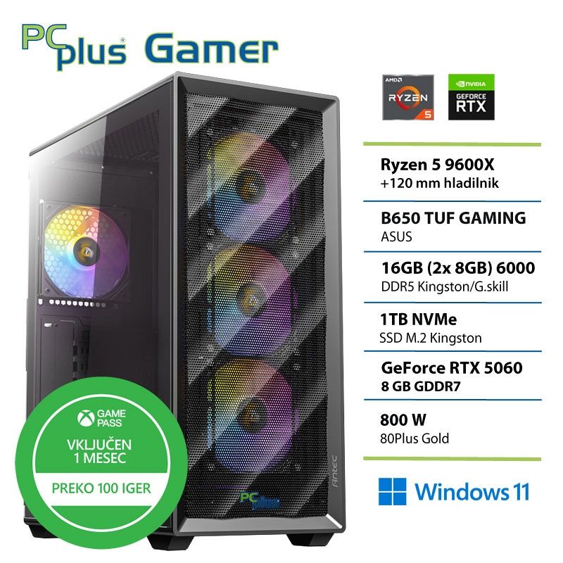 PCPLUS Gamer Ryzen 5 9600X 16GB 1TB GeForce RTX 5060 8GB Windows 11 Home + Xbox GP gaming namizni računalnik