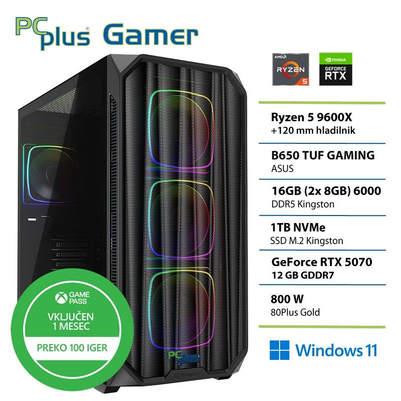 PCPLUS Gamer Ryzen 5 9600X 16GB 1TB SSD RTX 5070 12GB Windows 11 Home + Xbox GP gaming namizni računalnik