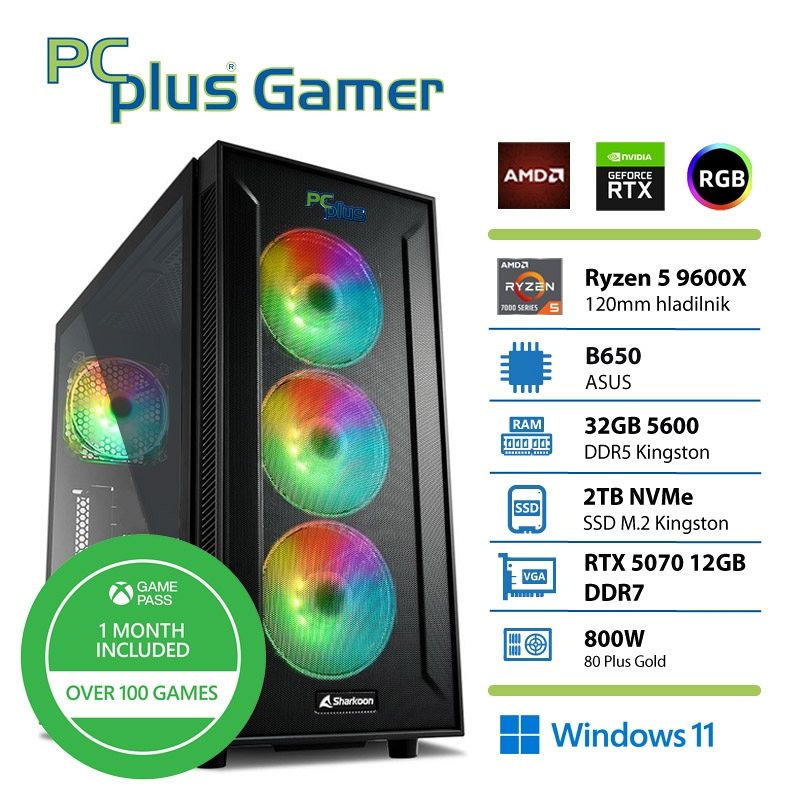 PCPLUS Gamer Ryzen 5 9600X 32GB 2TB SSD RTX 5070 12GB Windows 11 Home + Xbox GP gaming namizni računalnik