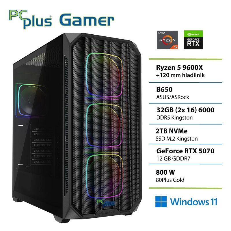 PCPLUS Gamer Ryzen 5 9600X 32GB 2TB SSD RTX 5070 12GB Windows 11 Home gaming namizni računalnik