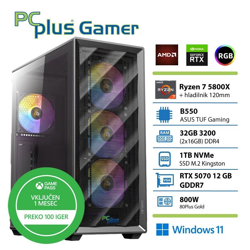 PCPLUS Gamer Ryzen 7 5800X 32GB 1TB SSD RTX 5070 12GB Windows 11 Home + Xbox GP gaming namizni računalnik