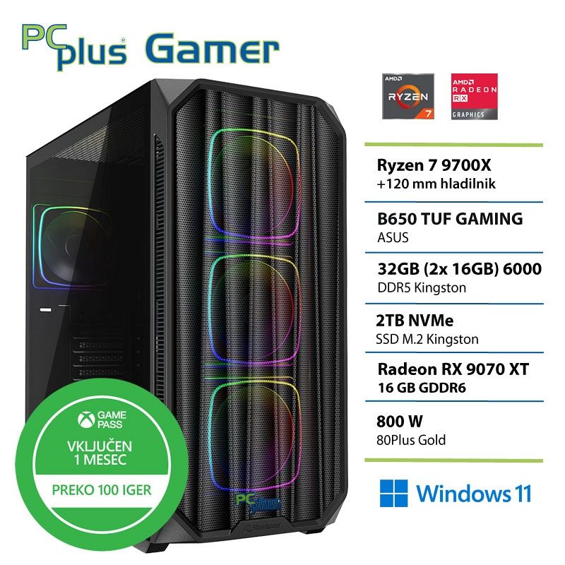 PCPLUS Gamer Ryzen 7 9700X 32GB 2TB SSD RX 9070XT Windows 11 Home + Xbox GP gaming namizni računalnik