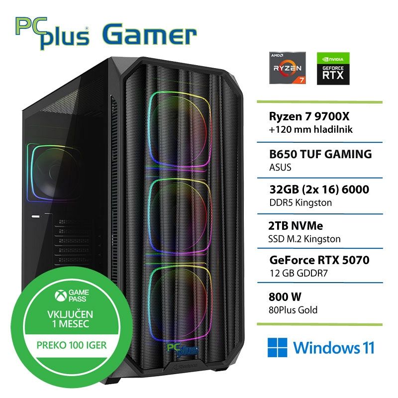 PCPLUS Gamer Ryzen 7 9700X 32GB 2TB SSD RTX 5070 12GB Windows 11 Home + Xbox GP gaming namizni računalnik