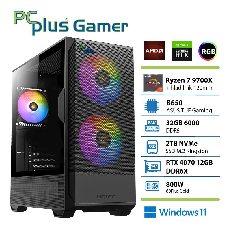 PCPLUS Gamer Ryzen 7 9700X 32GB 2TB SSD RTX 4070 Super 12GB Windows 11 Home + Xbox GP gaming namizni računalnik + Darilo: Monster Hunter Wilds