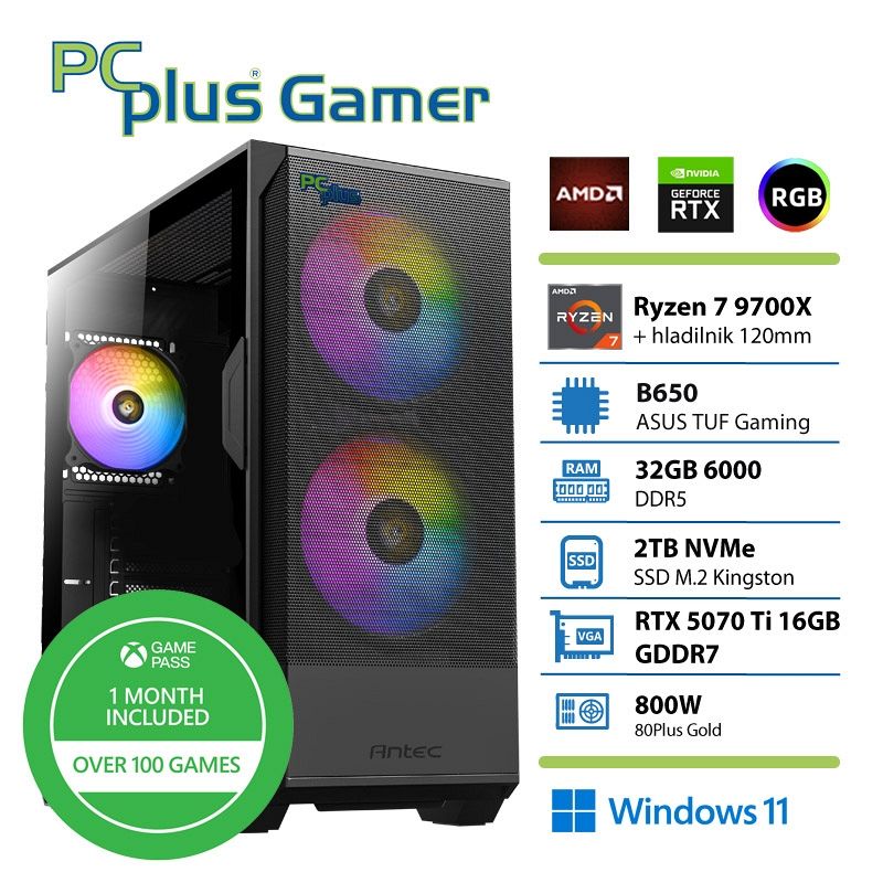 PCPLUS Gamer Ryzen 7 9700X 64GB 2TB SSD RTX 5070Ti 16GB Windows 11 Home + Xbox GP gaming namizni računalnik + Darilo: Monster Hunter Wilds