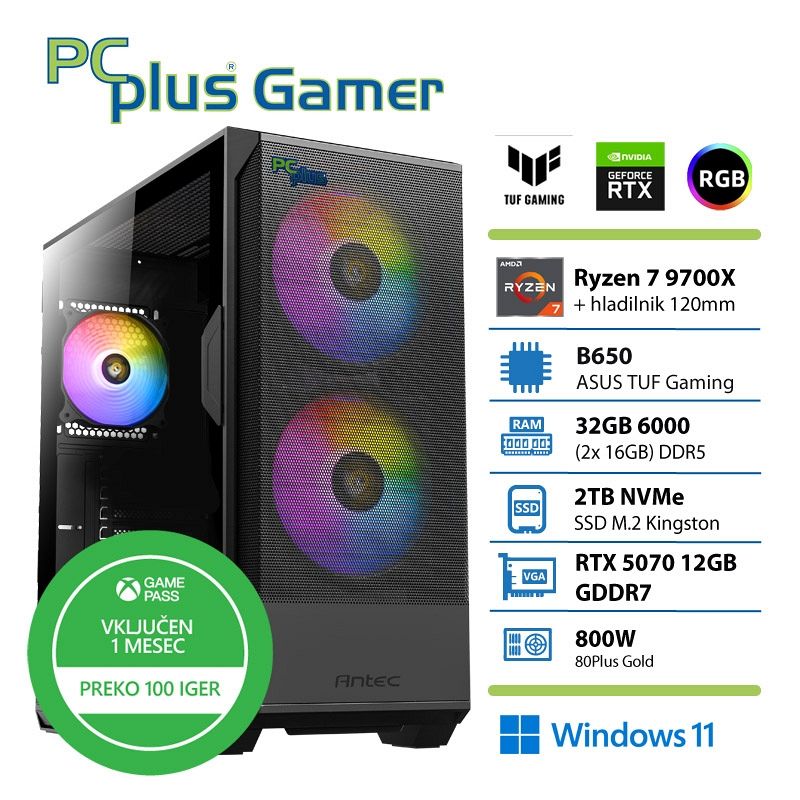 PCPLUS Gamer Ryzen 7 9700X 32GB 2TB SSD RTX 5070 12GB Windows 11 Home + Xbox GP gaming namizni računalnik