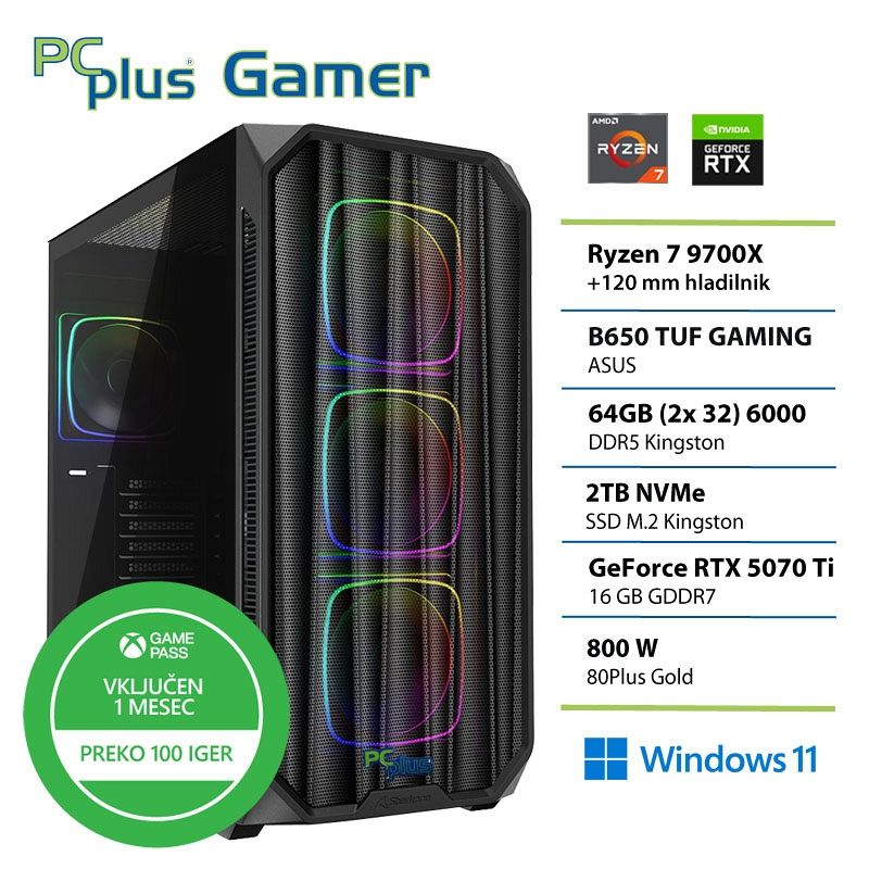 PCPLUS Gamer Ryzen 7 9700X 64GB 2TB SSD RTX 5070Ti 16GB Windows 11 Home + Xbox GP gaming namizni računalnik
