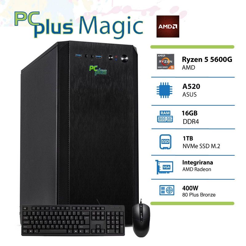 PCPLUS Magic AMD Ryzen 5 5600G 16GB 1TB NVMe SSD tipkovnica miška namizni računalnik