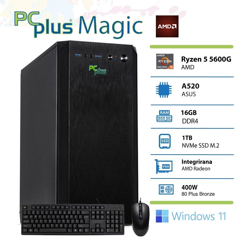 PCPLUS Magic AMD Ryzen 5 5600G 16GB 1TB NVMe SSD Windows 11 Home tipkovnica miška namizni računalnik