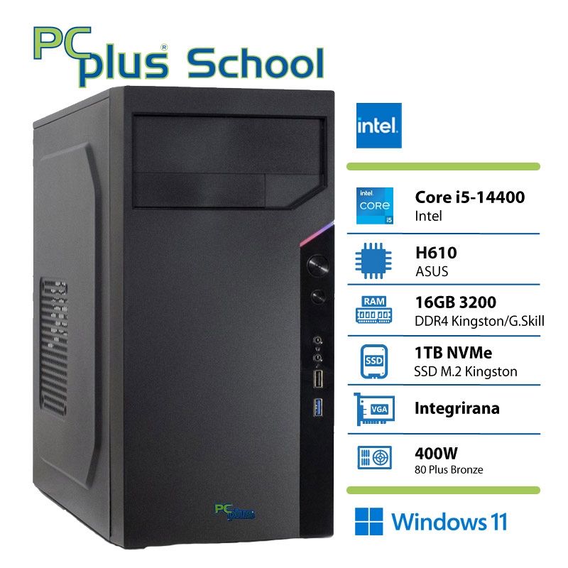 PCPLUS School i5-14400 16GB 1TB SSD Windows 11 PRO EDU (samo za izobraževalne ustanove) namizni računalnik