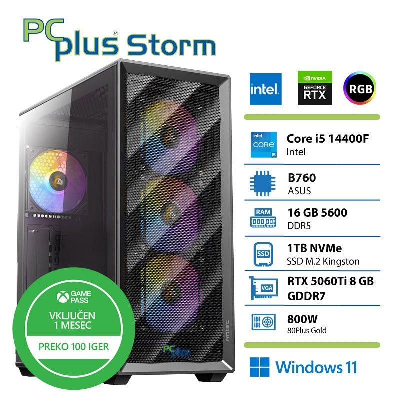 PCPLUS Storm Core i5-14400F 16GB 1TB SSD RTX 5060Ti 8GB Windows 11 Home + Xbox GP gaming namizni računalnik