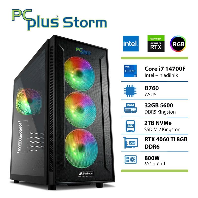 PCPLUS Storm Core i7-14700F 32GB 2TB NVMe SSD RTX 4060Ti 8GB gaming namizni računalnik