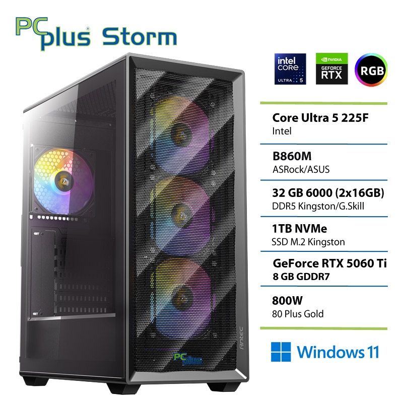 PCPLUS Storm Core Ultra 5 225F 32GB 1TB SSD RTX 5060Ti 8GB Windows 11 Home gaming namizni računalnik