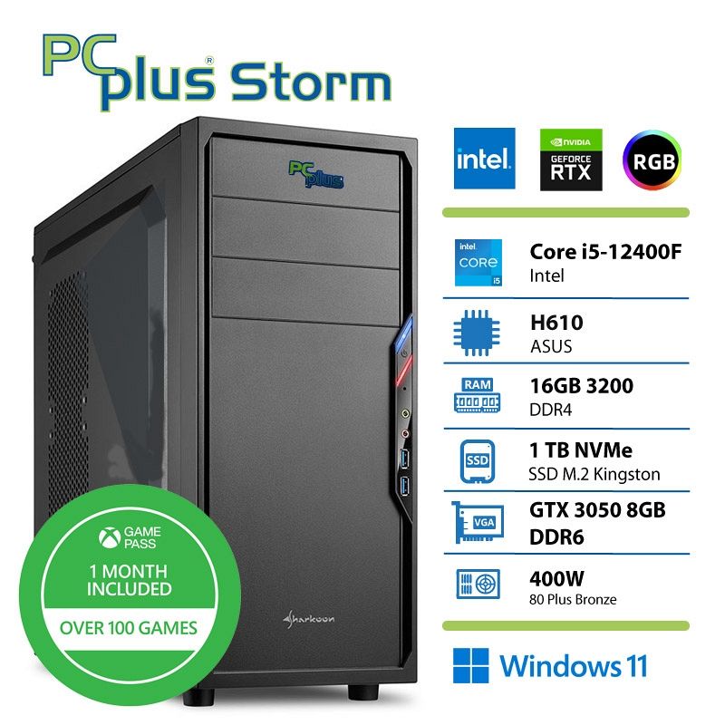 PCPLUS Storm i5-12400F 16GB 1TB SSD RTX 3050 8GB Windows 11 Home + Xbox GP gaming namizni računalnik