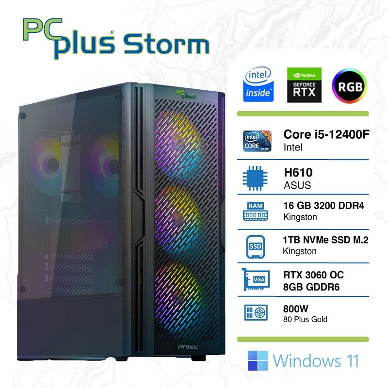 PCPLUS Storm i5-12400F 16GB 1TB NVMe SSD GeForce RTX 3060 12GB RGB Windows 11 Home gaming namizni računalnik