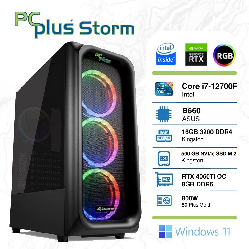 PCPLUS Storm i7-12700F 16GB 1TB NVMe SSD GeForce RTX 4060 Ti 8GB RGB Windows 11 Home gaming namizni računalnik