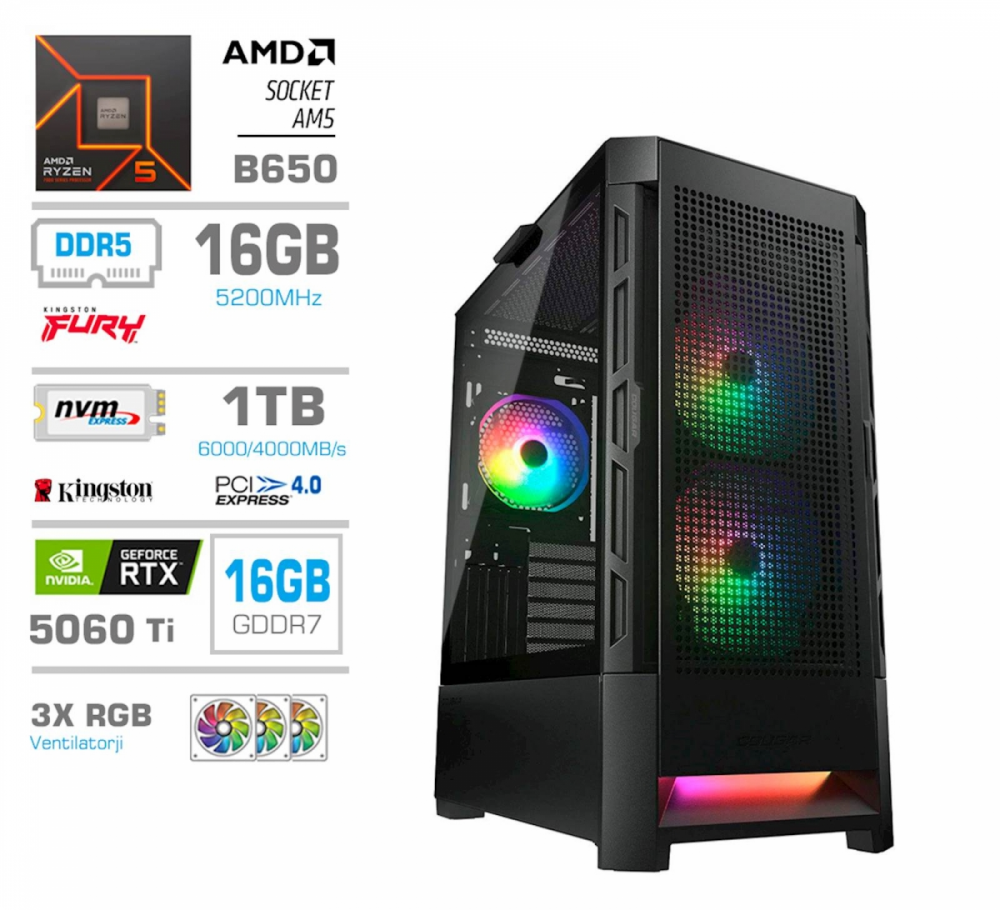 Računalnik PCX Extian R5 9600X 16GB 1TB RTX5060Ti