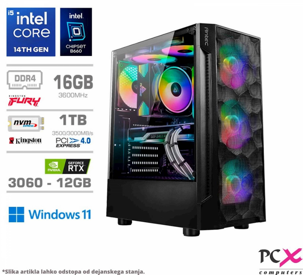 Računalnik PCX Exton, i5 14400F/16GB/1TB/RTX3060/RGB/W11H