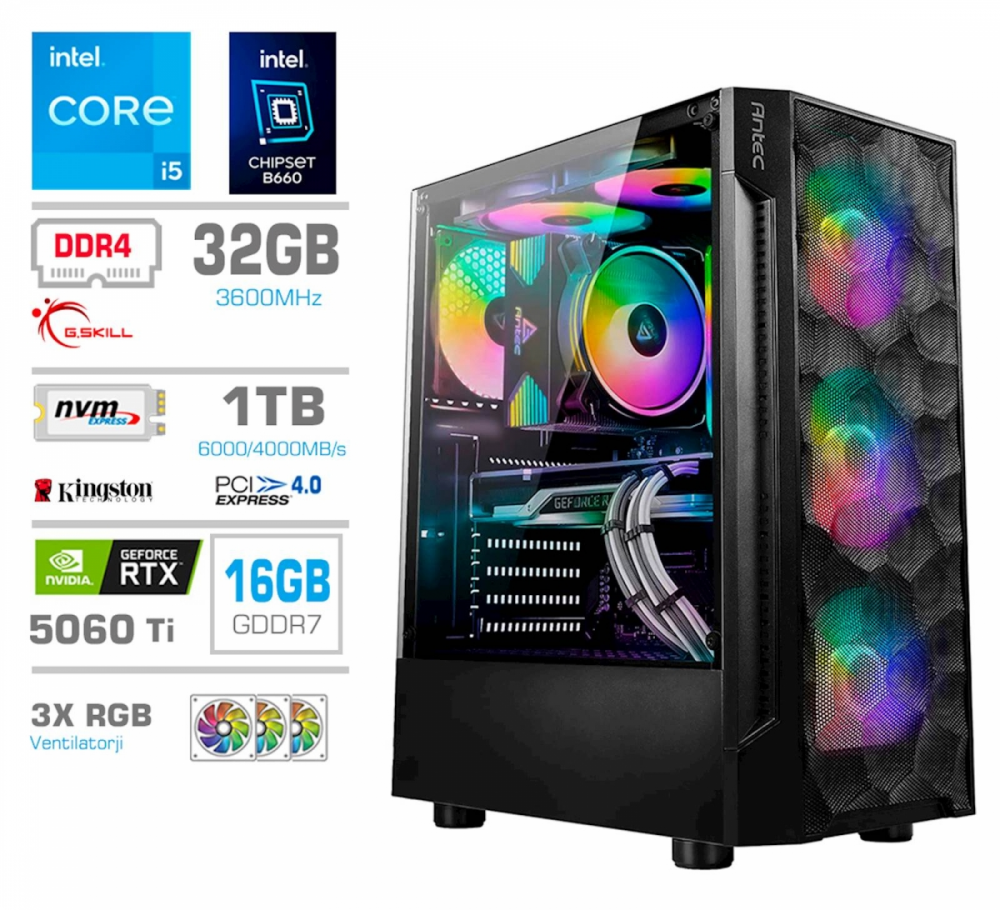 Računalnik PCX Exton i5 14400KF/32GB/1TB/RTX5060Ti/RGB