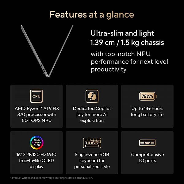 ASUS Vivobook S 16 M5606WA-MX077X Ryzen AI 9 HX 370/32GB/SSD 1TB/16