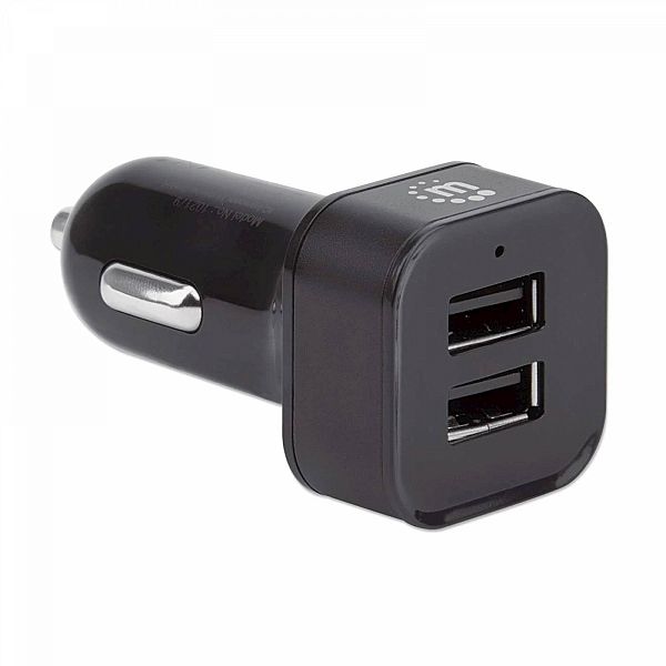 Avtopolnilec 2 X USB A MANHATTAN + kabel, črne barve