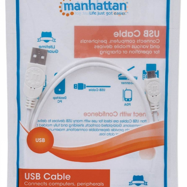Kabel USB A/Micro-B MANHATTAN, moški/moški, USB 2.0, 1 m, bele barve